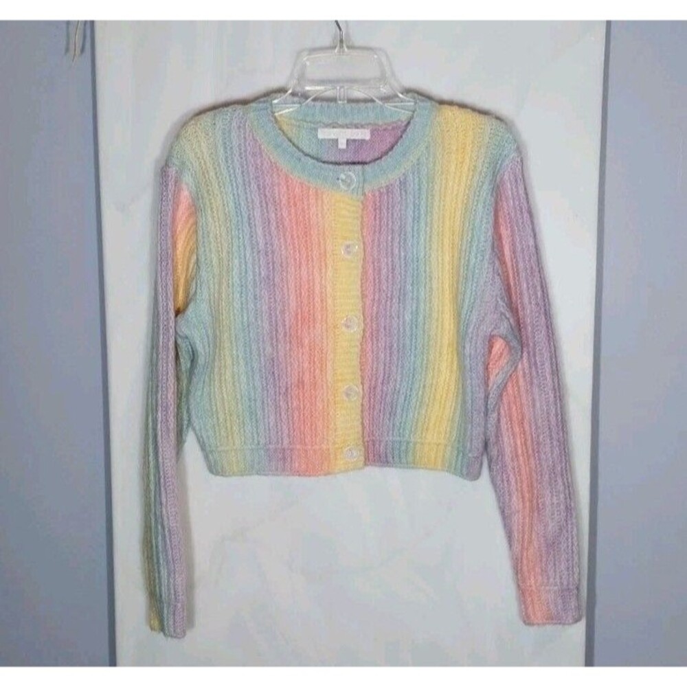 More To Come Raelyn Pastel Rainbow Knit Cardigan Women’s S Cropped Cozy